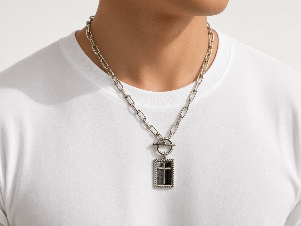 Block necklace cross silver worn by a model