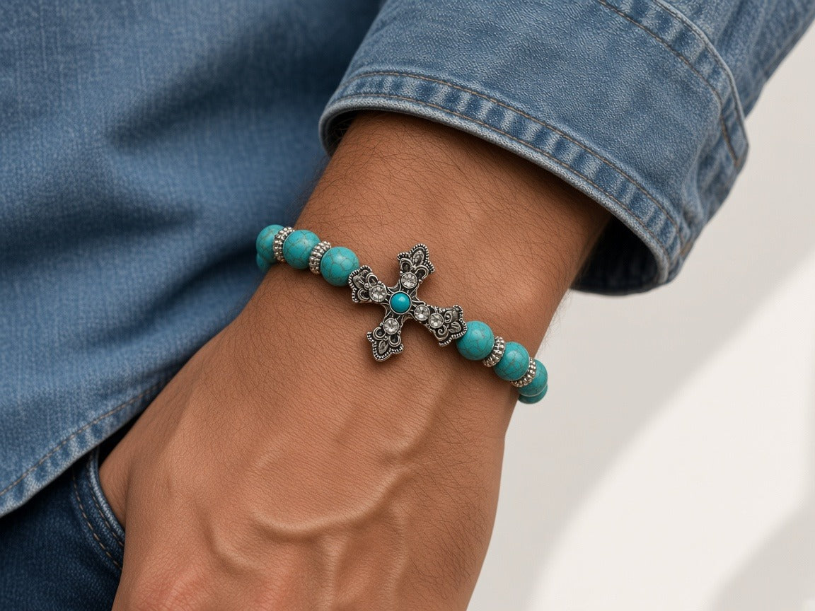 Bracelet - beads vintage style turquoise cross worn by a model