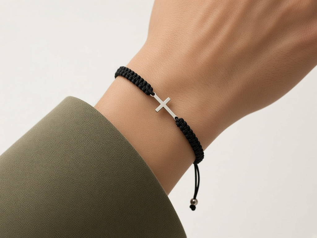 Bracelet - black - braided cross worn by a model