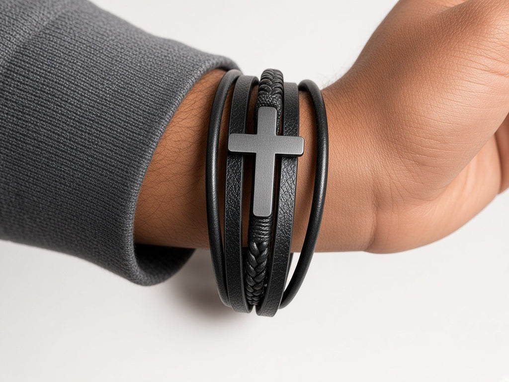 Bracelet - black cross leather worn by a model