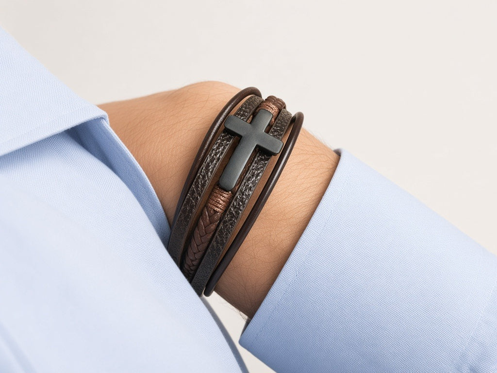 Bracelet - brown cross leather worn by a model