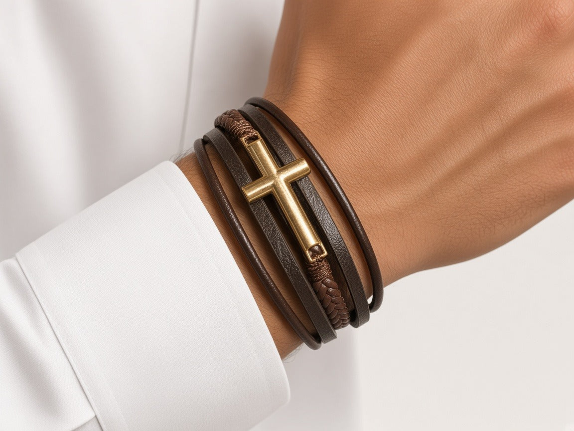 Bracelet - brown gold cross - leather worn by a model