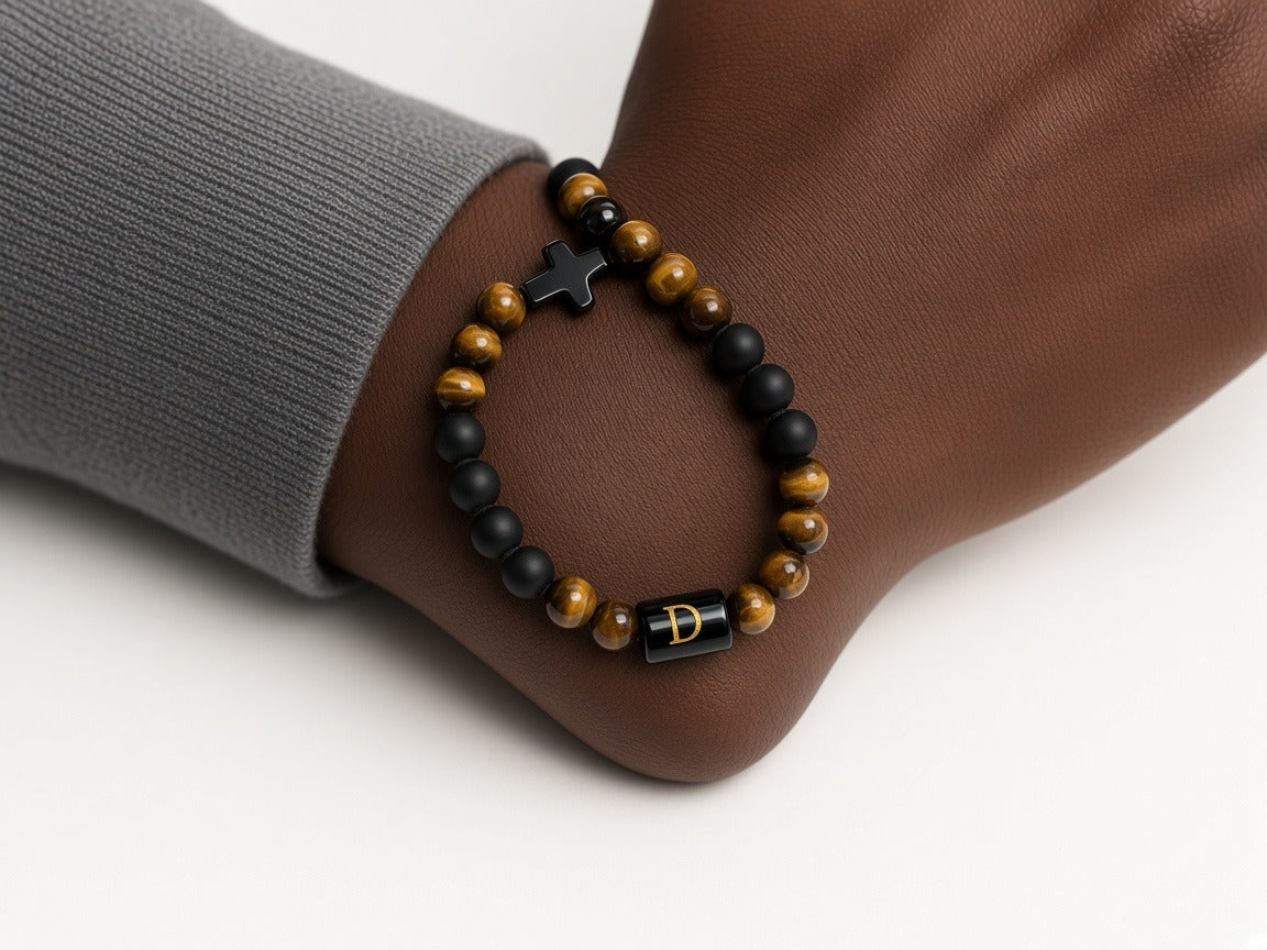 Bracelet - Cross/Initial - Wood/Black worn by a model