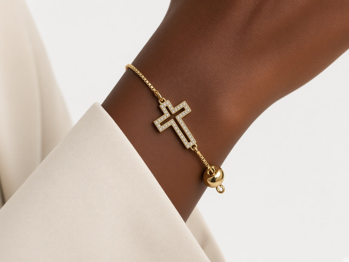 Bracelet - gold - rhinestone cross worn by a model