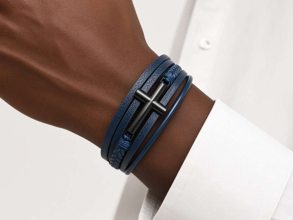 Bracelet - navy cross leather worn by a model
