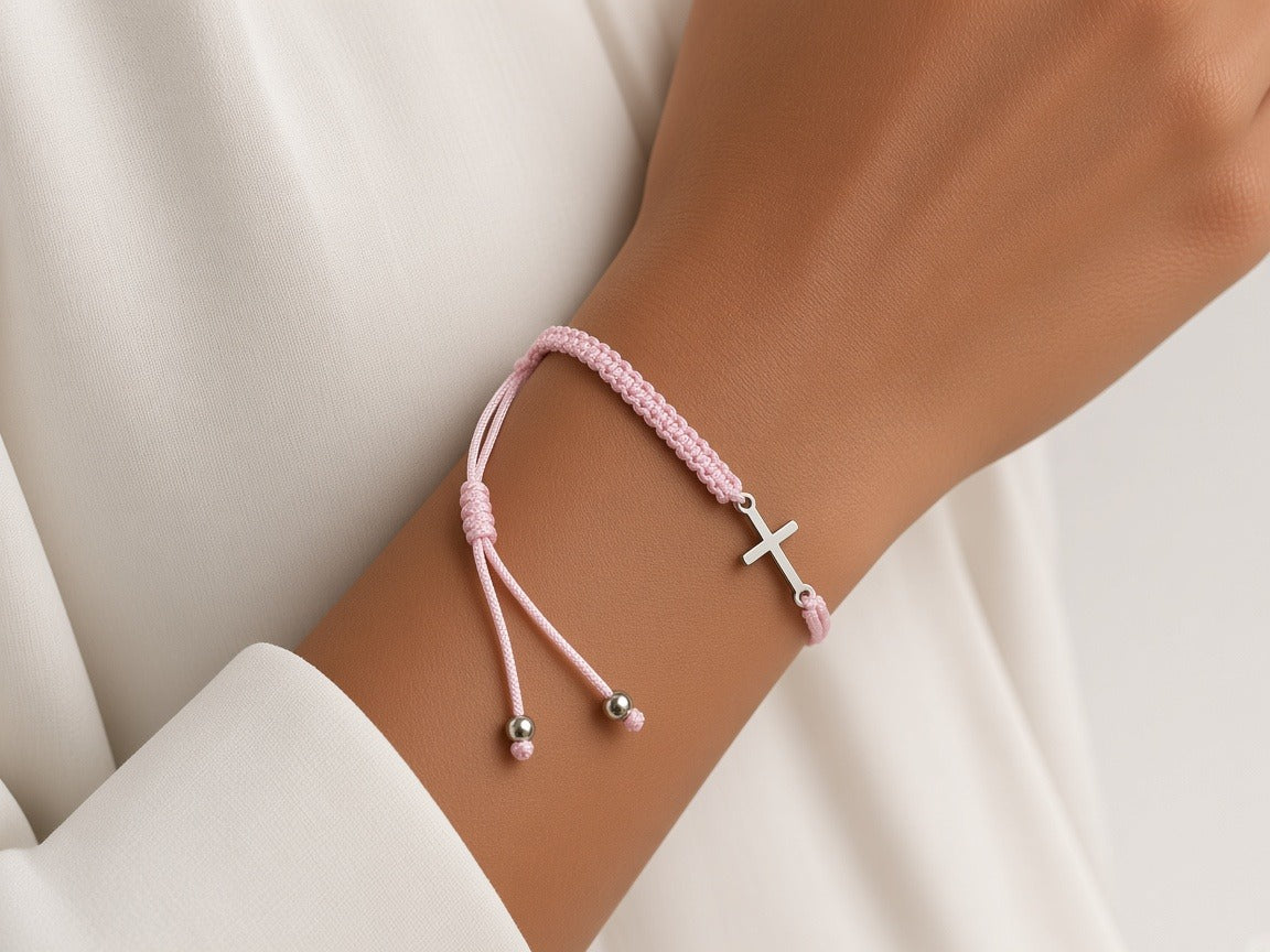 Bracelet - pink - braided with cross worn by a model