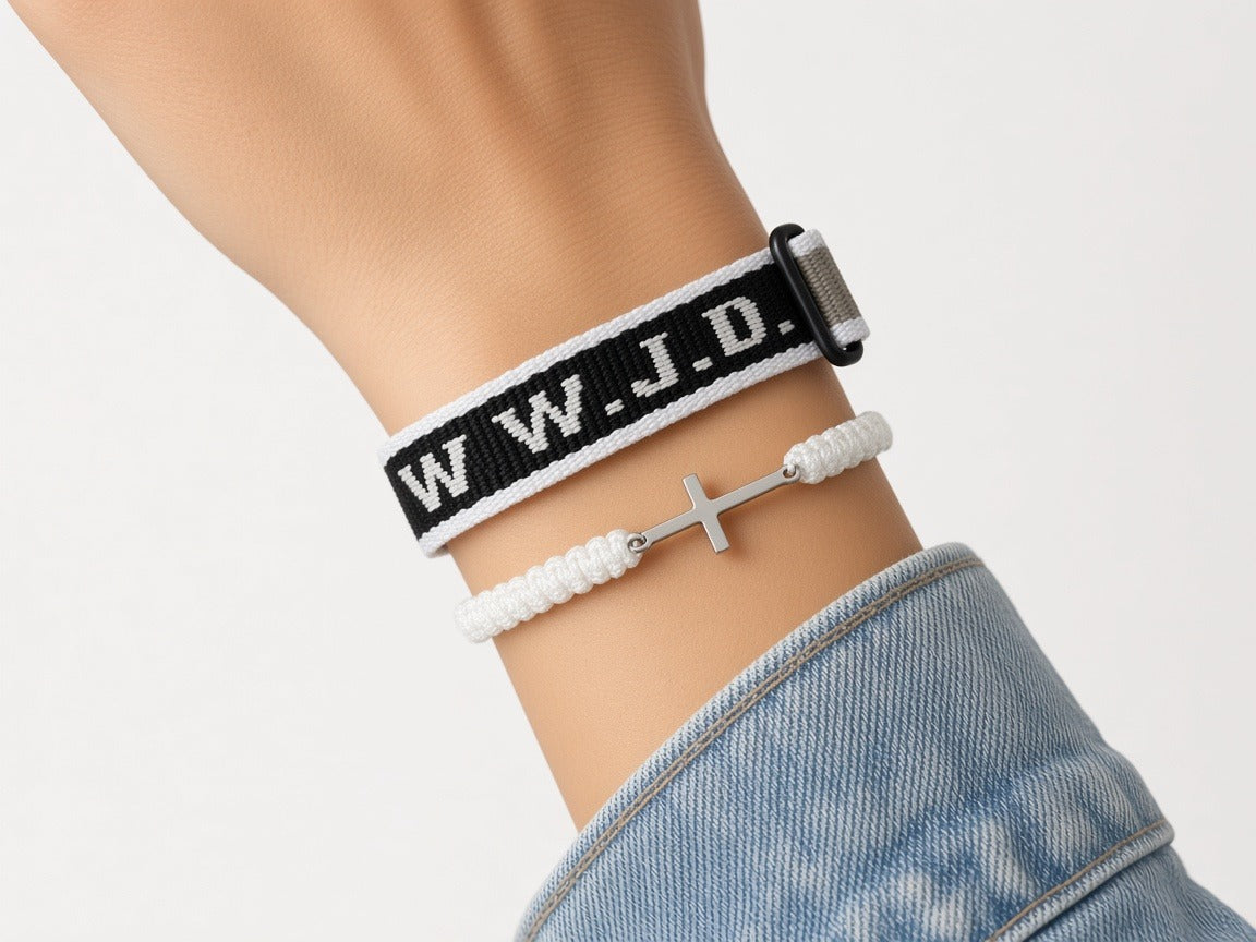 Bracelet set - wwjd 2in 1 set - white beige worn by a model