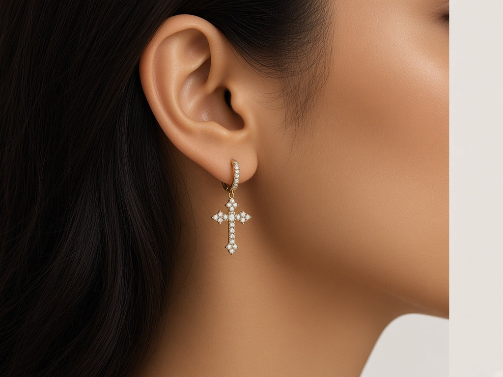 Earrings - Crystal Cross - Gold worn by a model