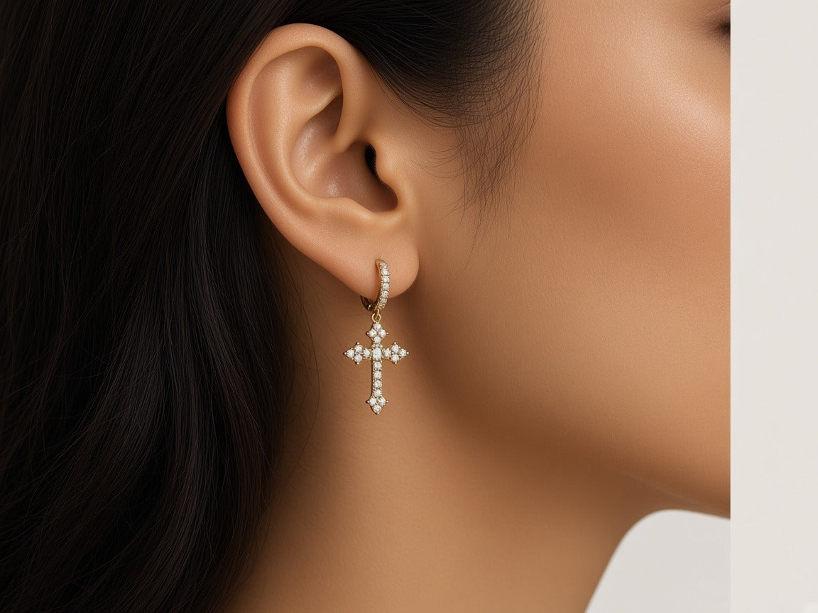 Earrings - Crystal Cross - Gold worn by a model