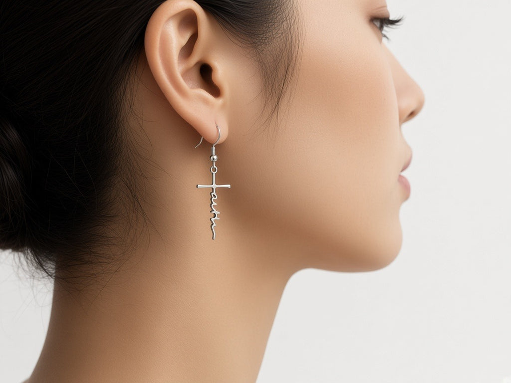 Earrings - Faith cross - Silver worn by a model