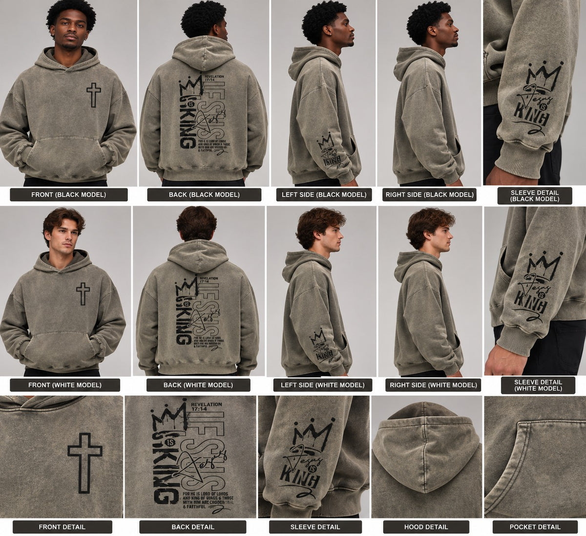Hoodie - Jesus Is King - Grey Acid Wash