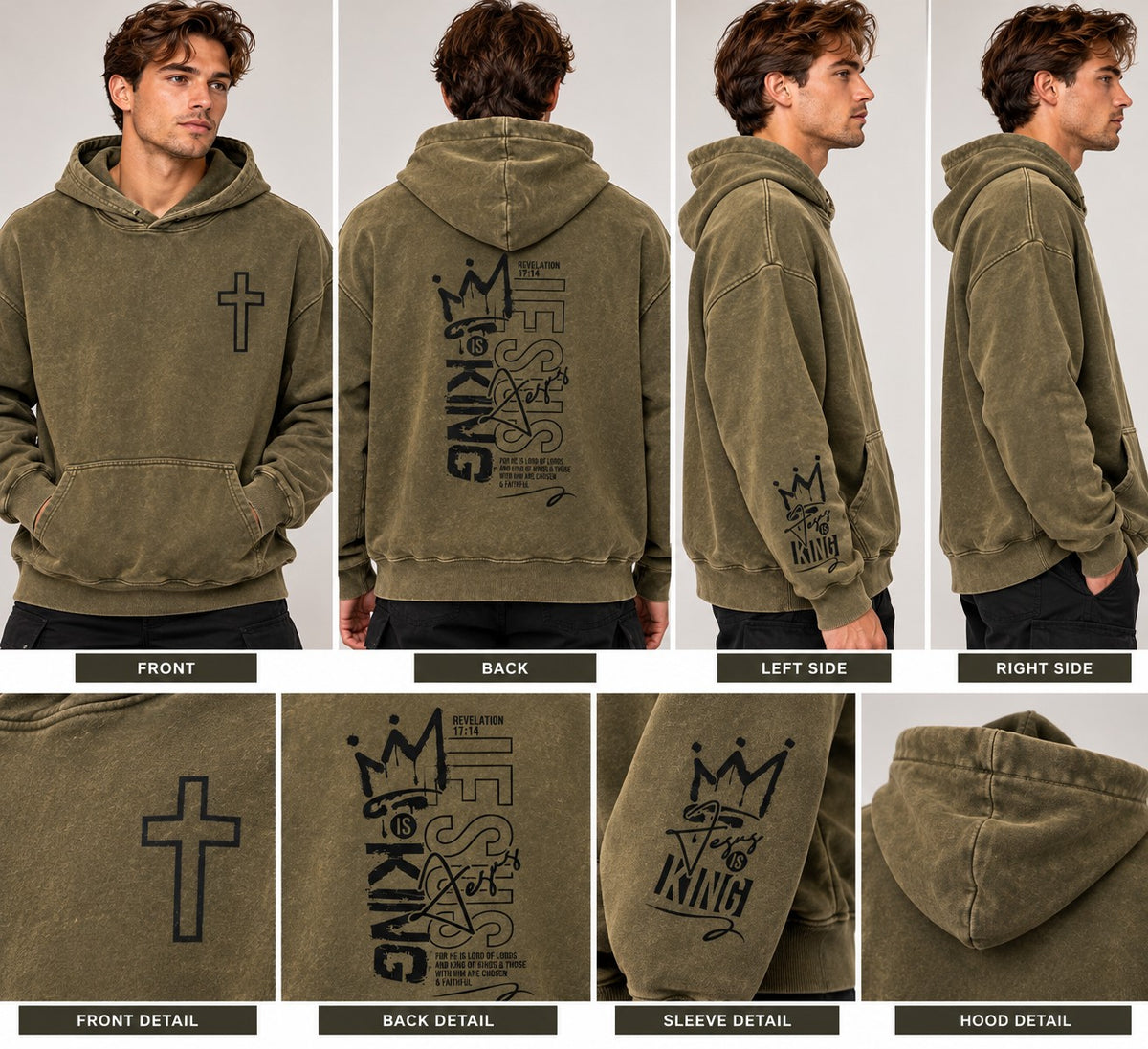 Hoodie - Jesus Is King - Olive Acid Wash