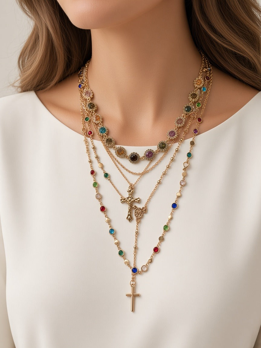 Necklace - 5in 1 - colorful rhinestones worn by a model