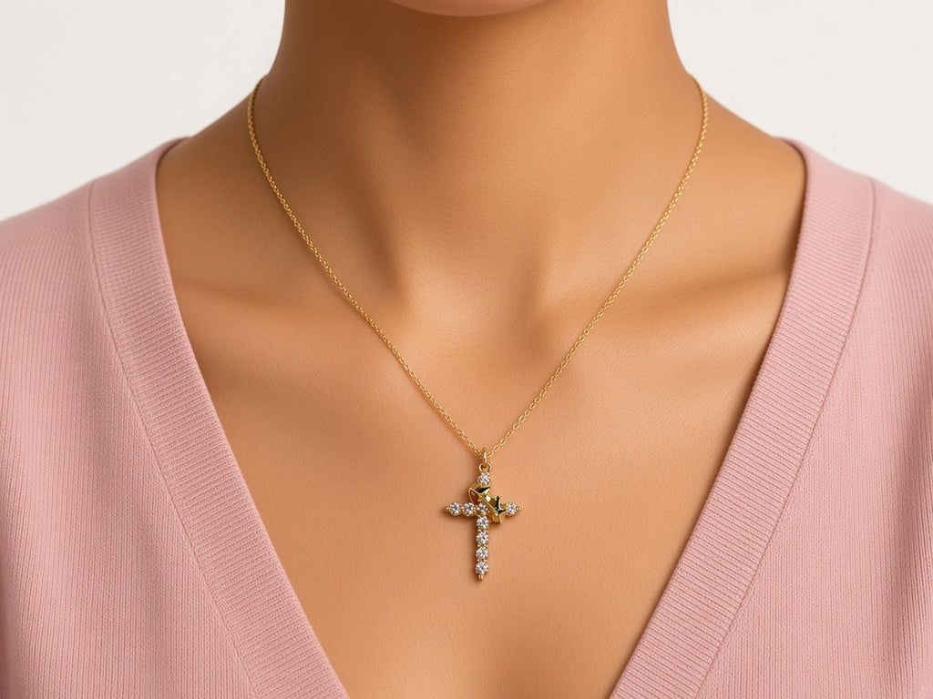 Necklace - Crown Cross - Gold worn by a model