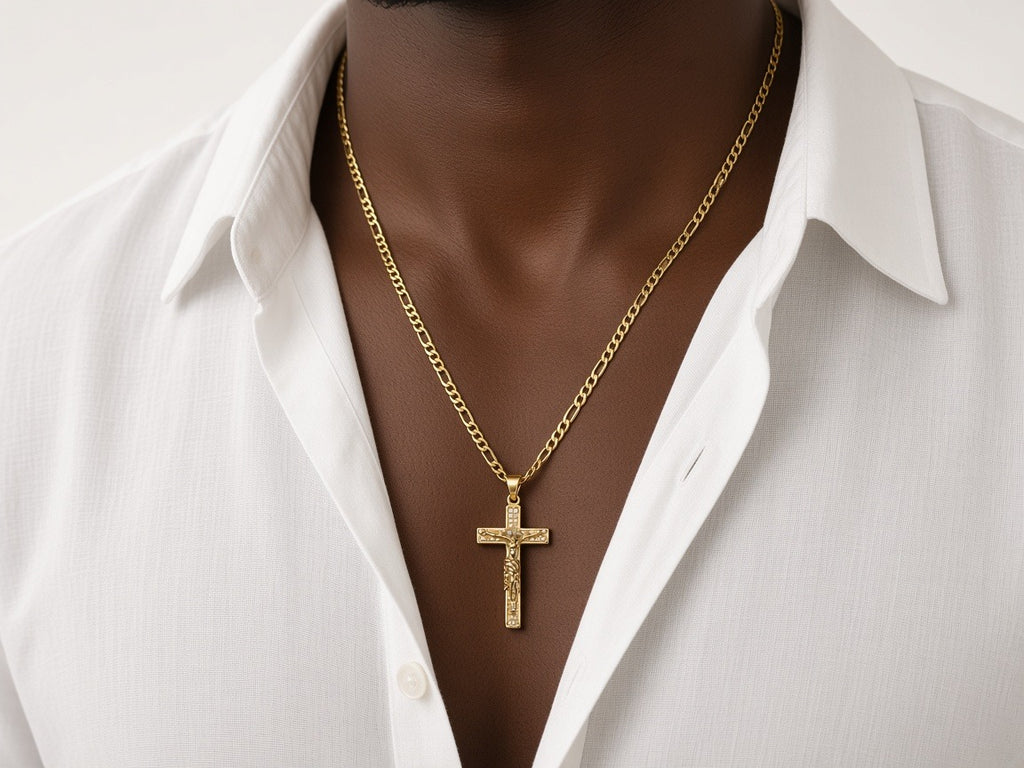 Necklace - Crucifix - Gold worn by a model