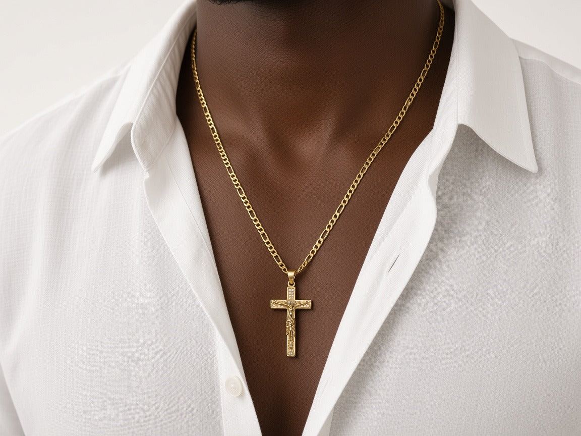 Necklace - Crucifix - Gold worn by a model