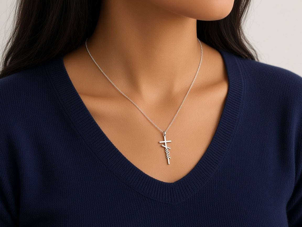 Necklace - Jesus - Blessed-Grace - Faith with brown card worn by a model