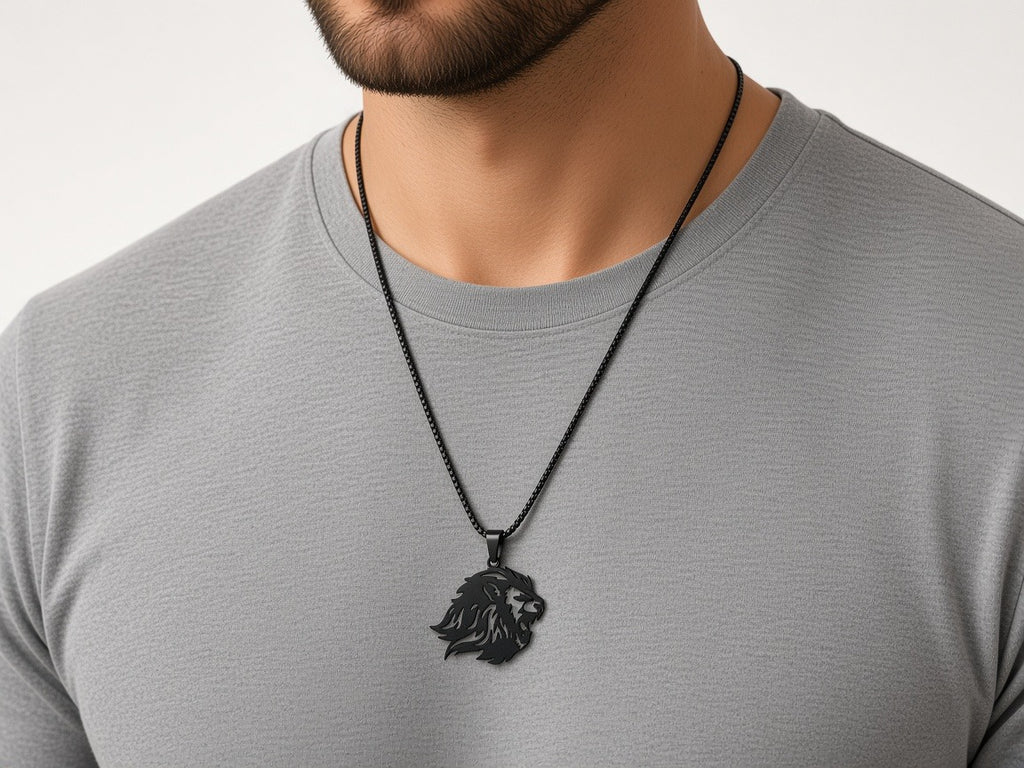 Necklace - lion head - black worn by a model