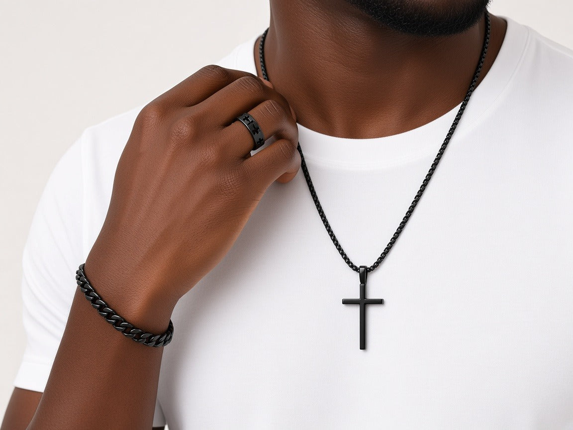 Necklace - men 3in 1 - black cross necklace, ring, bracelet worn by a model