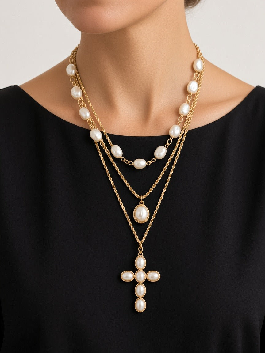 Necklace pearl 3 in 1 worn by a model