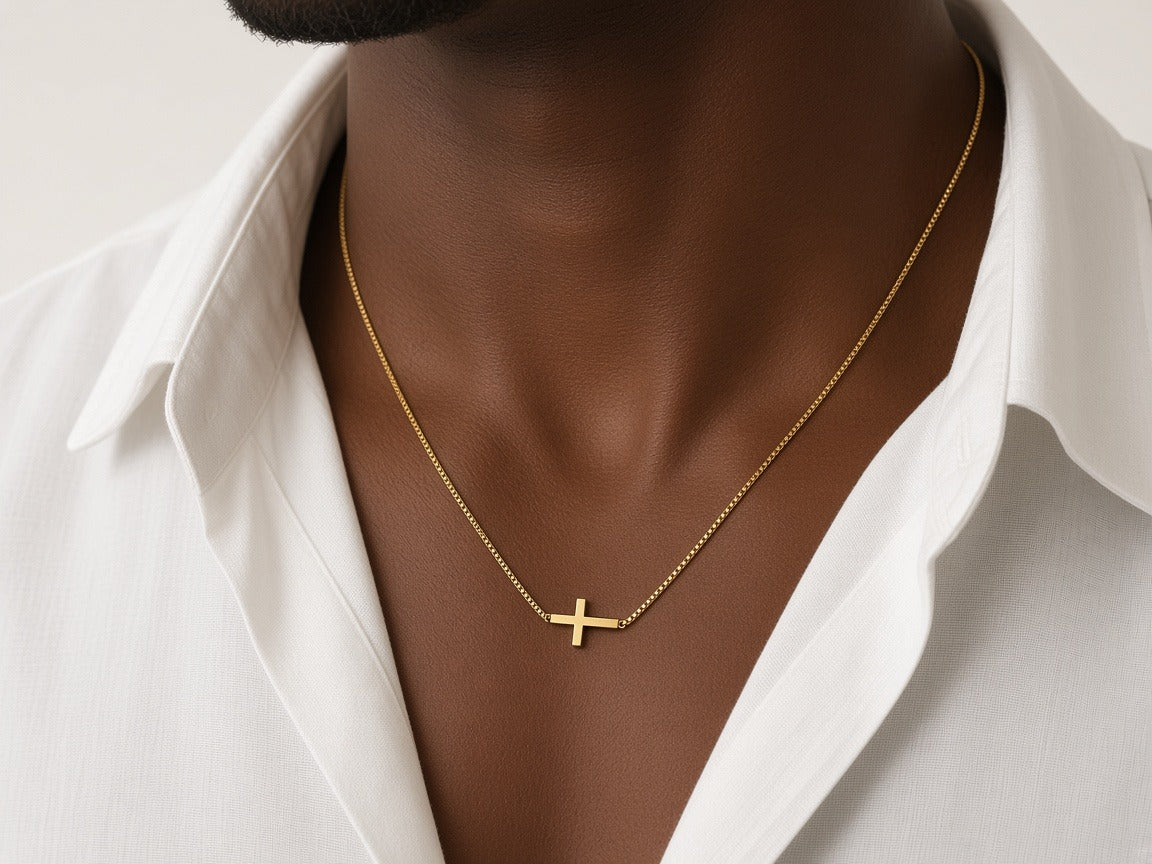 Necklace - small gold cross necklace worn by a model