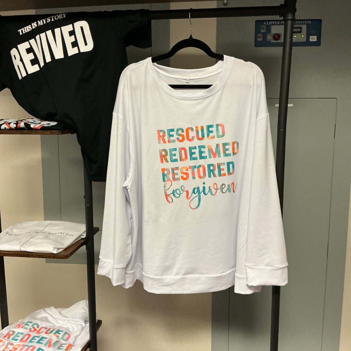 Sweatshirt - White - Rescued Redeemed Restored Forgiven