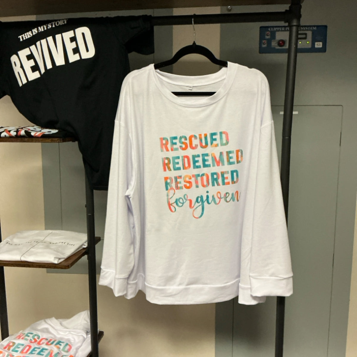 Sweatshirt - White - Rescued Redeemed Restored Forgiven