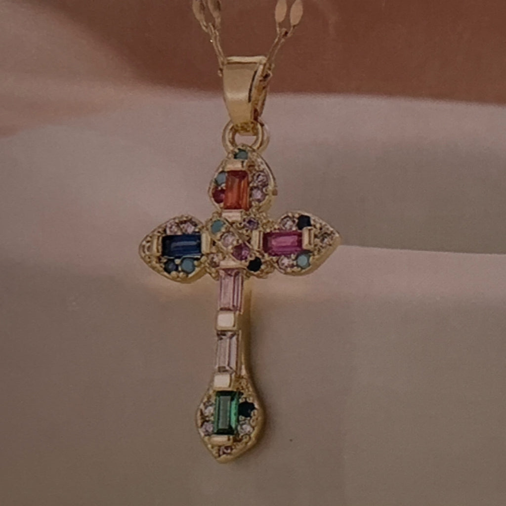 Color cross with rhinestones necklace