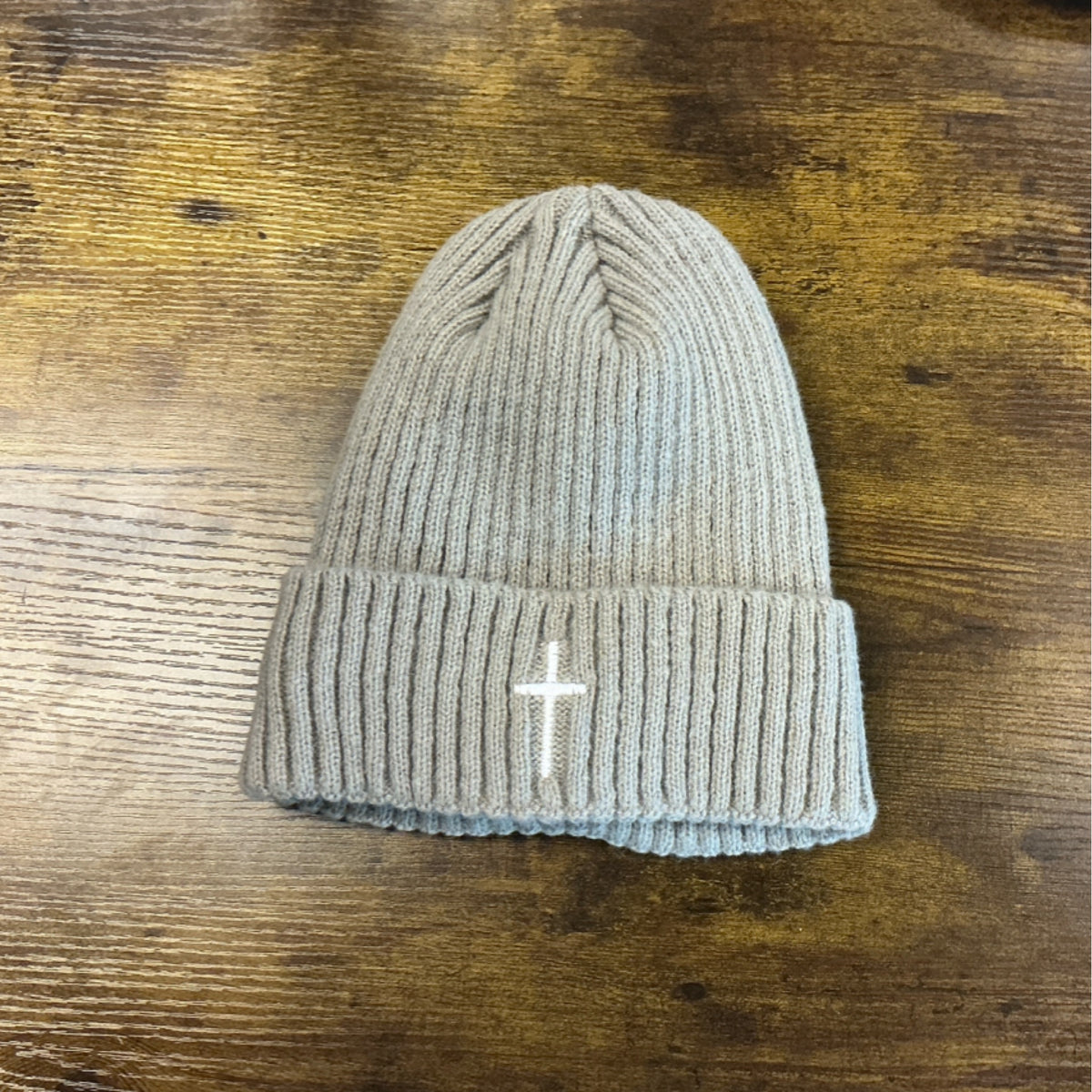 Beanie - White cross - Beige