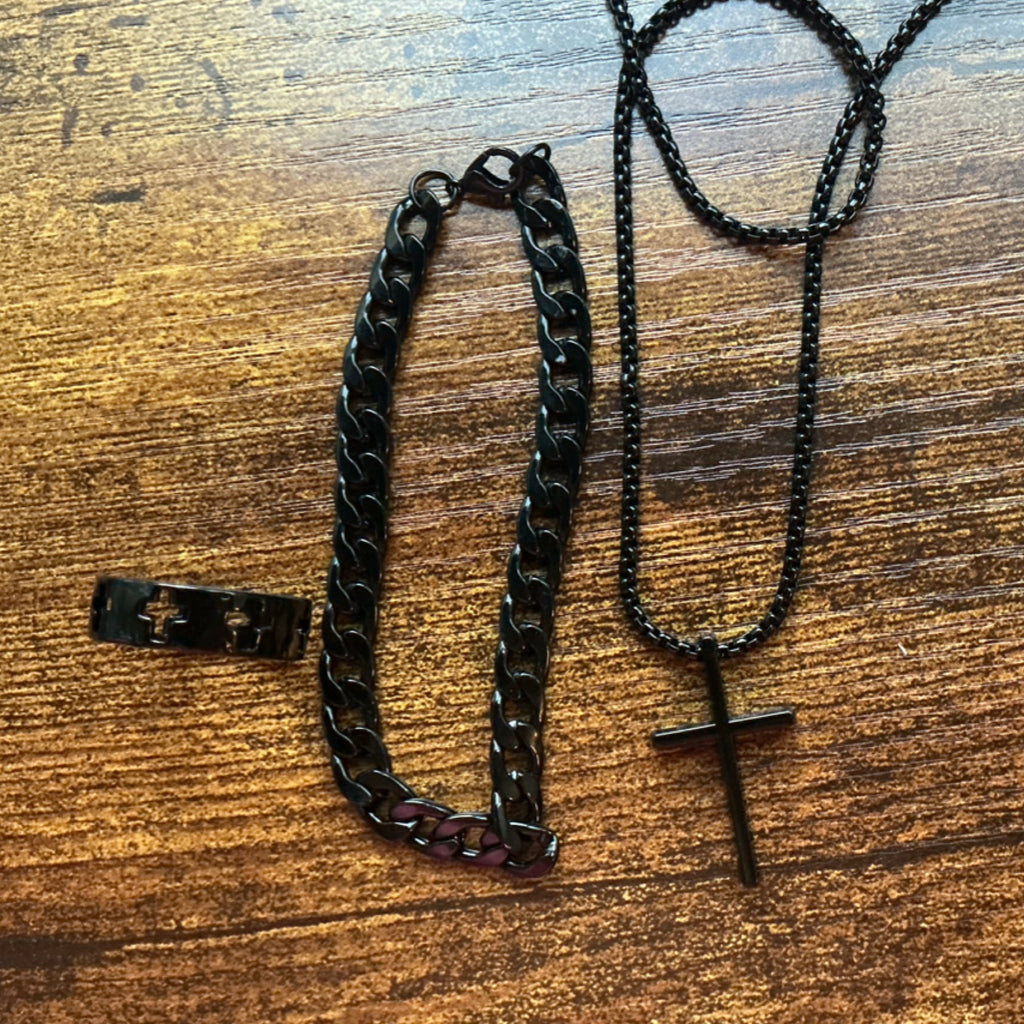 Necklace - men 3in 1 - black cross necklace, ring, bracelet