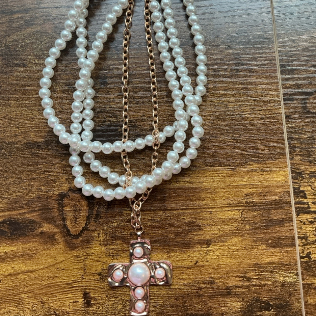 Necklace - small pearl beads with gold cross