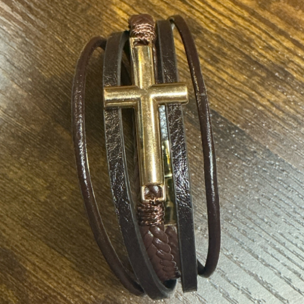 Bracelet - brown gold cross - leather