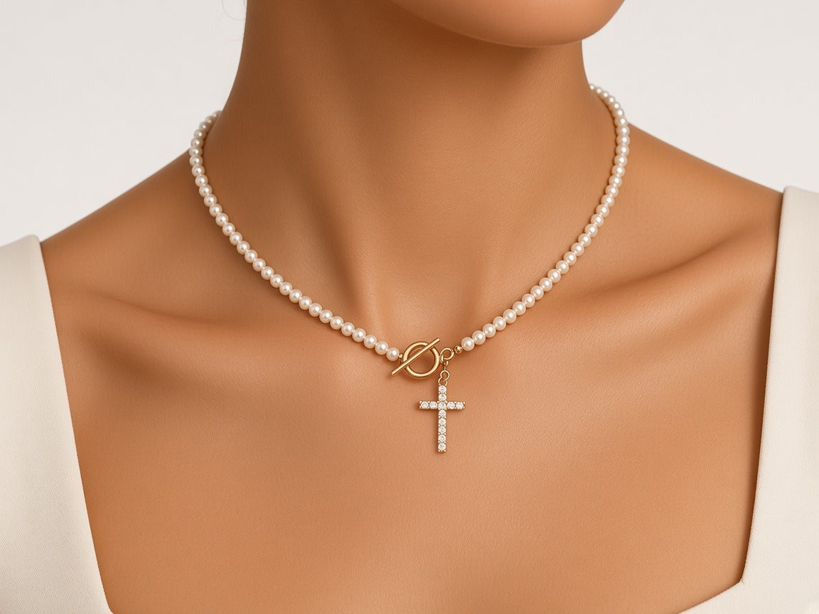 Pearl Cross Necklace worn by a model