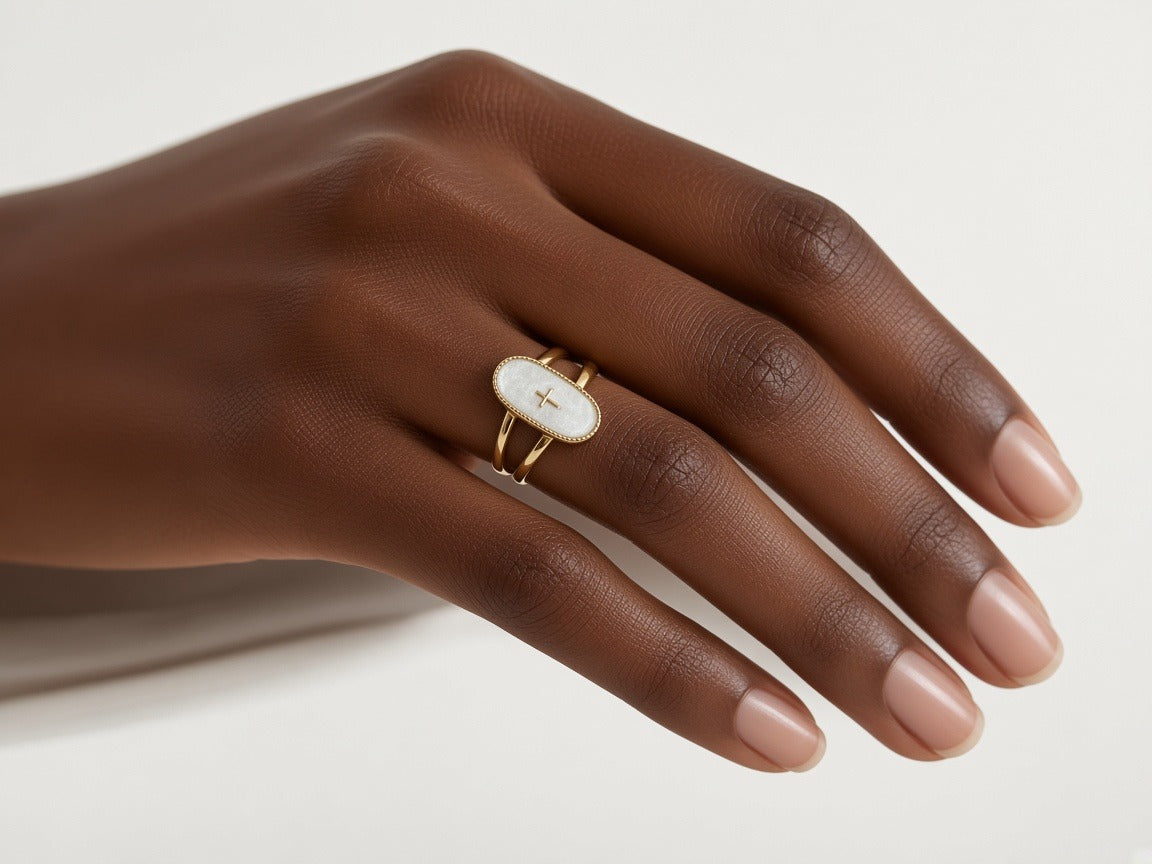 Ring - Oval Cross - Gold/White worn by a model