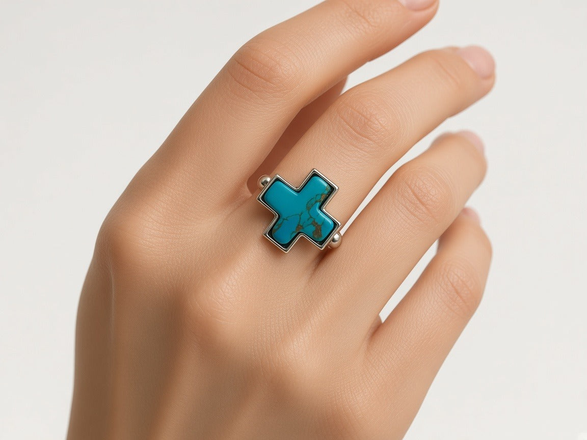 Ring - small turquoise cross ring worn by a model