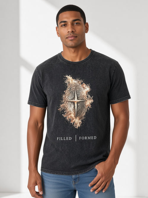 T-shirt filled and formed finger print black acid wash worn by a model