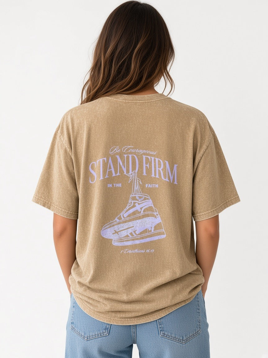 T-Shirt - Stand Firm - Acid wash brown worn by a model