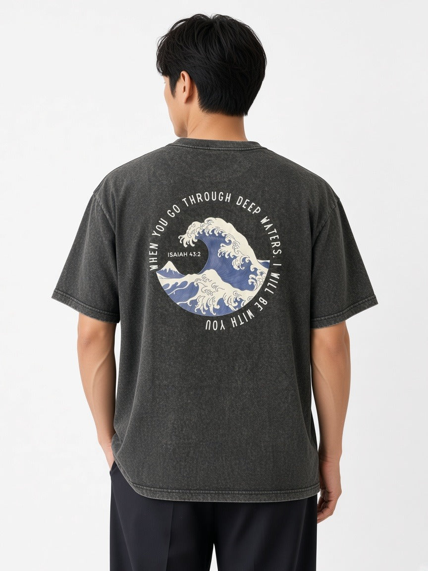 T-Shirt - When you go through deep waters - Acid wash Black worn by a model