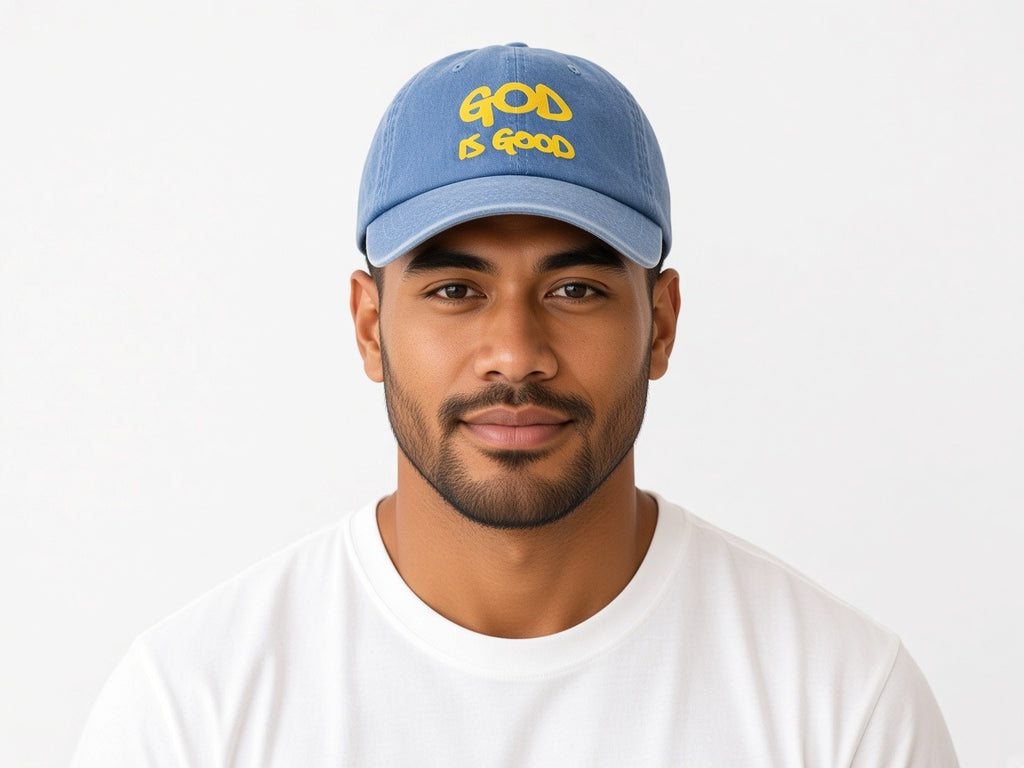 Trucker / baseball hat - blue - God is good worn by a model