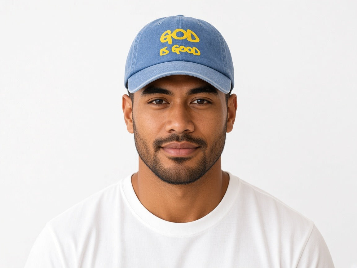 Trucker / baseball hat - blue - God is good worn by a model