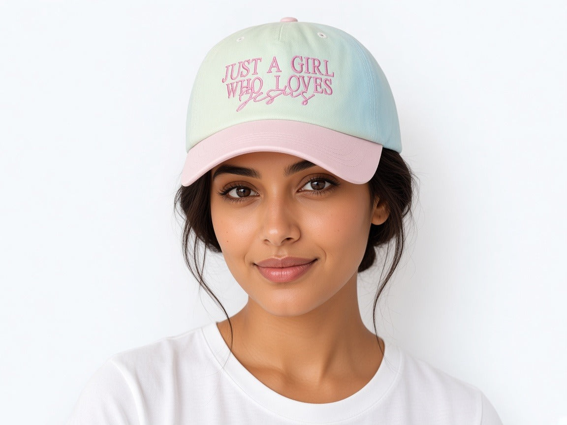 Trucker/Baseball Hat - Just a girl who loves Jesus worn by a model