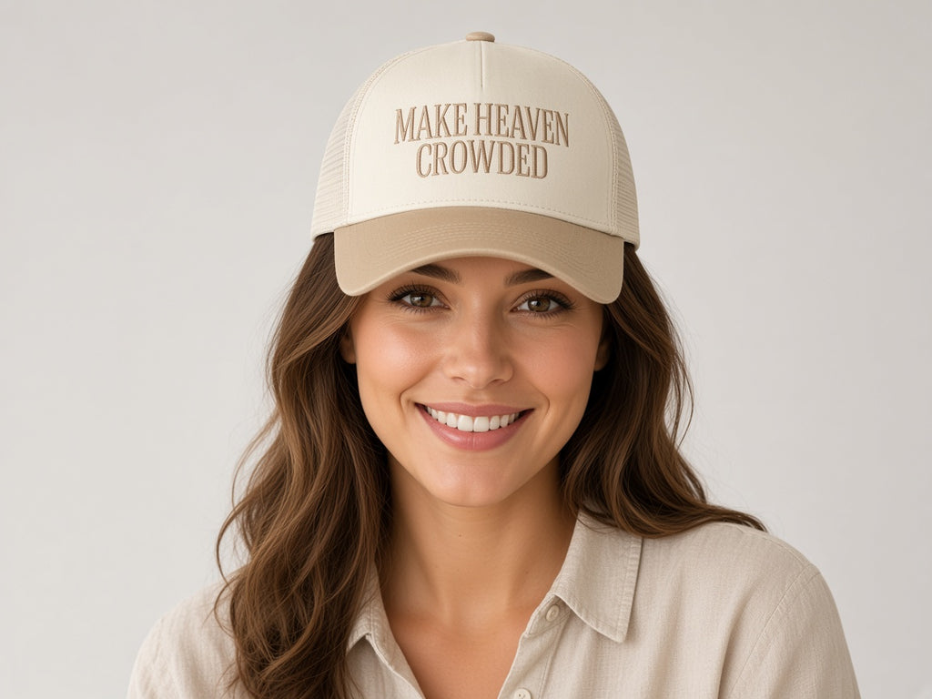 Trucker/Baseball Hat - Make Heaven crowded - Cream and brown worn by a model