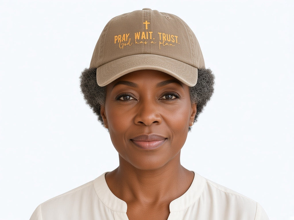 Trucker/Baseball hat - Pray Wait Trust worn by a model